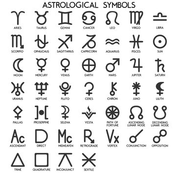 Vector. Astrological symbols of planets, zodiac constellations, aspects and nodes. These icons are used in astrology, astronomy, natal, star maps, horoscopes, jyotish. Layers good separated.