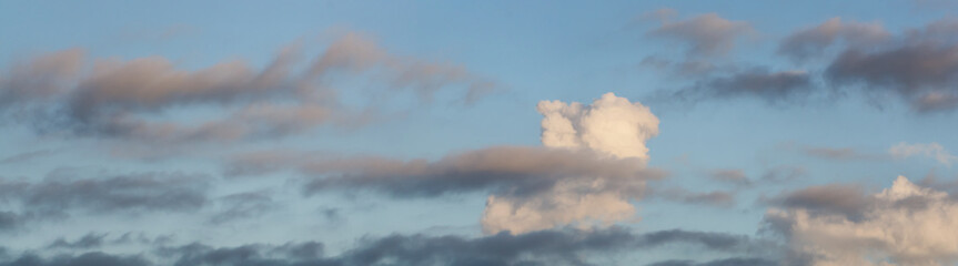Beautiful Panoramic View of Puffy Cloudscape during a colorful summer sunset. Taken in British Columbia, Canada.