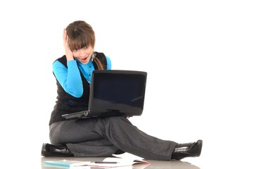 Photo of naughty student girl with brown hair in black suit with personal computer posing at...