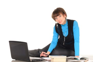 Photo of naughty student girl with brown hair in black suit with personal computer posing at...