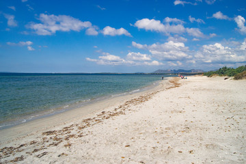 Fototapeta na wymiar Vista della spiaggia e delle dune di Is Solinas