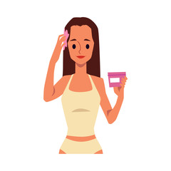 Woman applying pink hair conditioner from a jar - flat vector illustration.