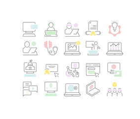 Set Vector Line Icons of Freelancer and Online Education.