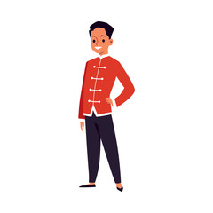 Asian man in chinese traditional red costume flat vector illustration isolated.