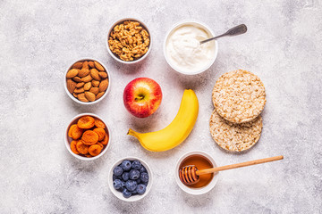 Healthy snack concept, top view.