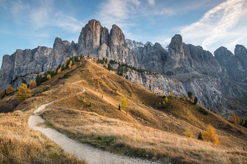 Mountain landscape of the picturesque Dolomites at Passo Gardena area in South Tyrol in Italy.