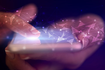 Finger touching phone with human network concept and dark background