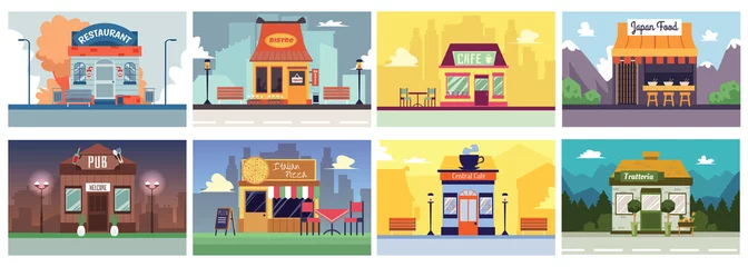 Rolgordijnen Kleurrijke café en restaurant gebouw banner set in platte cartoon stijl. © sabelskaya