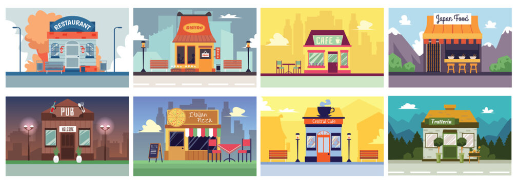 Colorful cafe and restaurant building banner set in flat cartoon style.