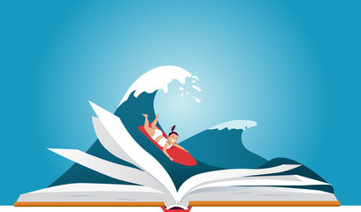Little girl on a surfboard, riding a wave behind an open book, EPS 8 vector illustration