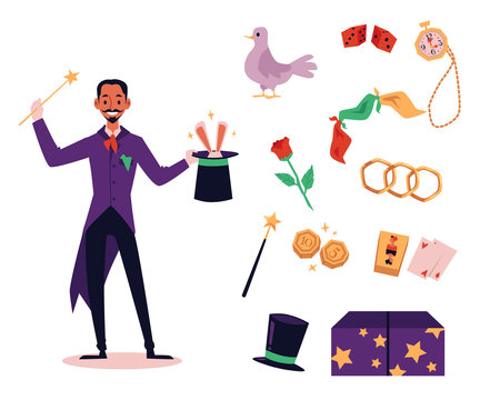 Cartoon magician and his magic trick equipment set - vector illustration