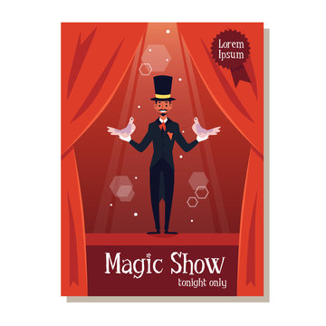 Magic Show - Banner Or Poster Template With Magician Flat Vector Illustration.