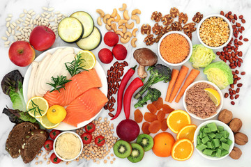 Low GI health food for diabetics with foods high in vitamins, minerals, anthocyanins, protein, antioxidants, smart carbs & omega 3 fatty acids. Below 55 on the GI index. Top view.