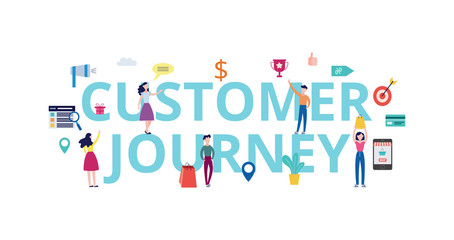 Customer journey banner - shopping people standing by giant words
