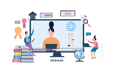 Online webinar banner - computer monitor with woman teaching subject