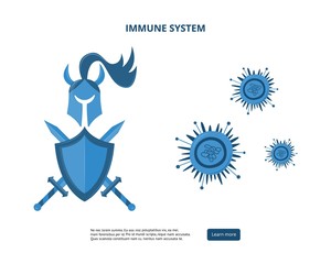 Immune system banner - knight shield, helmet and sword against bacteria.