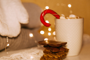 Cocoa with Cozy winter home background, cup of hot cacao with cookies, warm knitted sweater