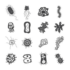 Black bacteria icon set - collection of dangerous virus germ shapes