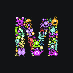 Monster font. Letter M made of yellow, pink, green, blue, orange blots, eyes and funny monsters on a black background