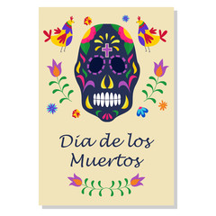 Dia de los muertos holiday poster with black sugar skull and floral ornaments