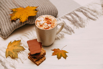 Autumn composition with knitted sweater, cocoa with marshmallows and yellow leaves