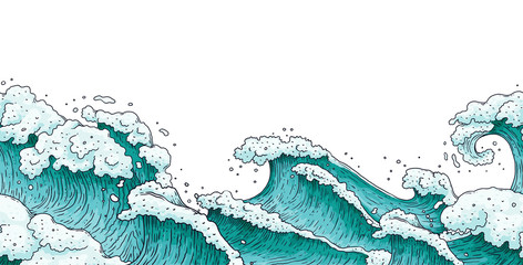 Naklejki  Dramatyczne ręcznie rysowane wzburzone fale morza - płaski transparent na białym tle.