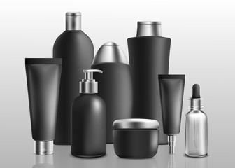 Black and silver realistic toiletries mockup set - shampoo, shower gel, face cream