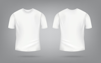 White male t-shirt realistic mockup set from front and back view on grey background