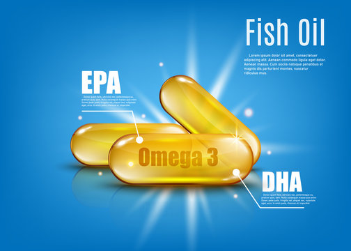Omega 3 fish oil with EPA and DHA - golden capsule of healthy vitamins