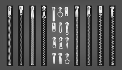 Set of different zippers or fastener realistic vector illustrations isolated. © sabelskaya