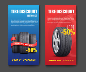 Tire discount flyer set - realistic black car tyres in blue and red brochures