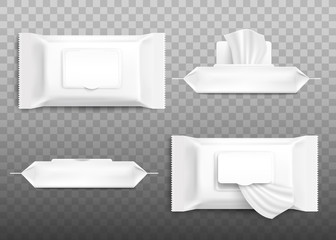 Realistic cosmetic wet wipe pack mockup set with open and closed flap