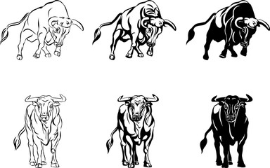 Fototapeta na wymiar Bull, figures, vector, images, poses, black, white, drawing, silhouette
