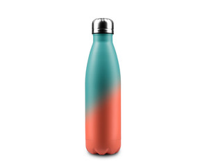 Mosaic blue with coral pink color of steel thermo bottle for water isolated on white background.