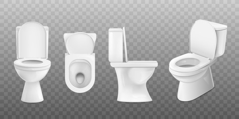 Realistic white ceramic toilet set from top, side and front view