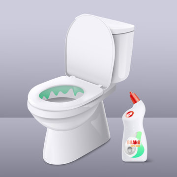 Toilet cleaner liquid gel ad poster with realistic white ceramic toilet bowl