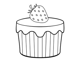 Strawberry Sponge Cake. Creamy strawberry muffin. Cupcake with icing and strawberries - stock vector illustration for coloring. Outline