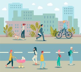 People characters flat vector illustration with skyscrapers background.
