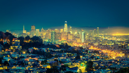 San Francisco cityscape after sunset and blue hour, California, USA