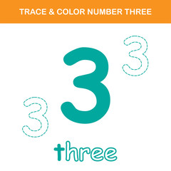 Trace & color number 3 worksheet. Easy worksheet, for children in preschool, elementary and middle school.
