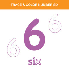 Trace & color number 6 worksheet. Easy worksheet, for children in preschool, elementary and middle school.