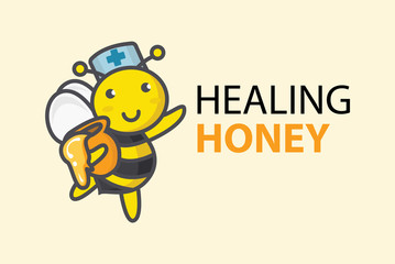 Cute bee doctor holds a jar of honey. Funny healing honey logo. Design for print, emblem, t-shirt, party decoration, sticker, logotype.