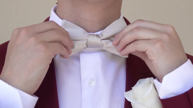 Groom straightens the bow tie before the wedding