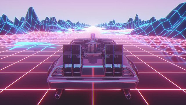 Retro futuristic 80s style Sci-Fi car background. Seamless loop 3d video animation