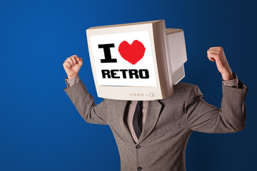 Young person with monitor head, old school 8-BIT concept