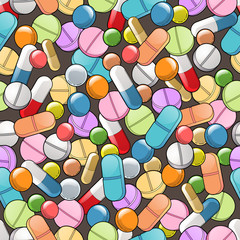 seamless pattern with multi-colored pills, capsules, pills, drugs on a gray background