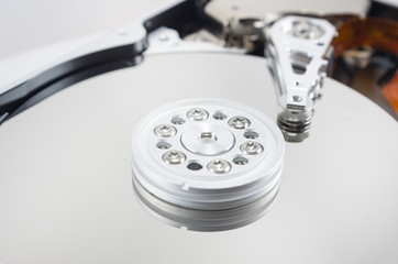 disassembled hard drive on white background, hdd, hard disk drive, close-up, head, object