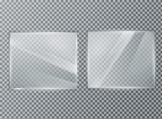 Glass plate on transparent background. Acrylic and glass texture with glares and light. Realistic transparent glass window in rectangle frame.