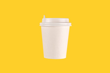 coffee cup cardboard disposable isolated on yellow background, coffee to go, takeaway