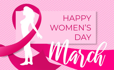 Obraz na płótnie Canvas Happy women's day - international woman spring holiday - 8 march. Realistic pink ribbon and girl silhouette on stripes background. Concept design banner, poster, greeting card. Vector illustration